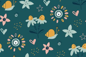Spring summer flower texture. Garden flower, plants, botanical, seamless pattern. Good for poster, card, invitation, flyer, cover, banner, placard, brochure and other graphic design. Easter motive.