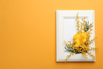 Beautiful floral composition with mimosa flowers and frame on orange background, top view. Space for text
