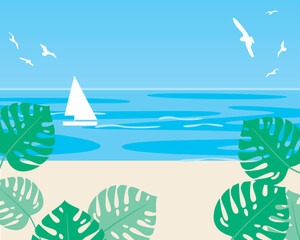 Fototapeta na wymiar Summer resort as a template for copy space, flat vector stock illustration with palms on the beach, sea, ocean for overlay