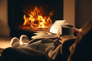 Woman with cup of drink and book near fireplace at home, closeup - Powered by Adobe