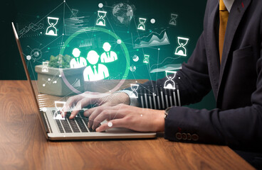 Business hand working on laptop, successful business concept