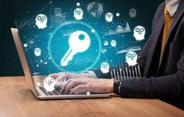 Business hand working on laptop, successful business concept