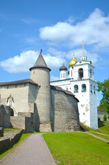 Fototapeta na wymiar On the territory of the Holy Trinity Cathedral in Pskov. One of the oldest sights in Russia.