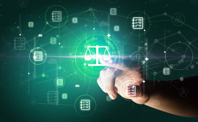 Businessman hand pressing stock graphic information on multitouch screen