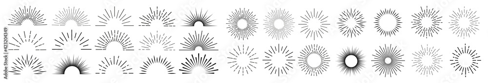 Wall mural sun rays hand drawn, linear drawing. mega set