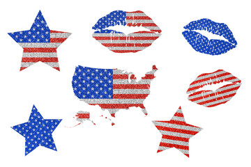 Bright USA patriotic clip art set. US map and lip prints in colors of national flag on white background