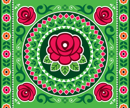 Pakistani and Indian truck art vector seamless pattern or horizontal poster design with roses, floral motif mandala, Diwali vibrant pattern
