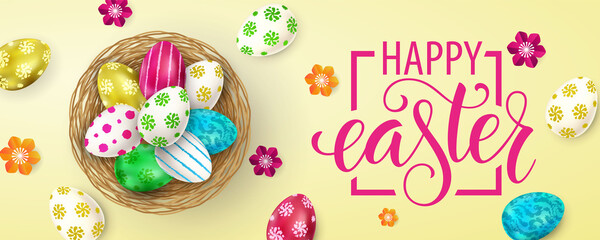 Happy Easter lettering, painted eggs. Spring holidays, Easter background. Vector illustration EPS10.
