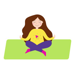 Woman is engaged in yoga on a green rug. A graphic resource for decorating the content of social networks, websites, textiles, notebooks, books, sports attributes and other ideas. Vector illustration