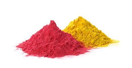 Colorful powder dyes on white background. Holi festival