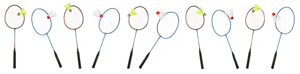 Set with badminton rackets and shuttlecocks on white background. Banner design