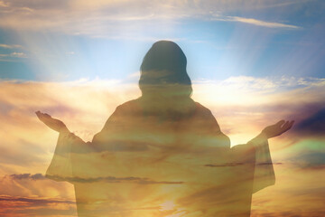 Silhouette of Jesus Christ and cloudy sky, double exposure - obrazy, fototapety, plakaty