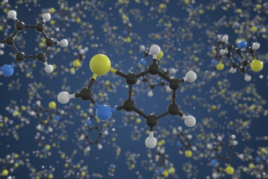 Benzothiazole molecule, ball-and-stick molecular conceptual model. Scientific 3d rendering