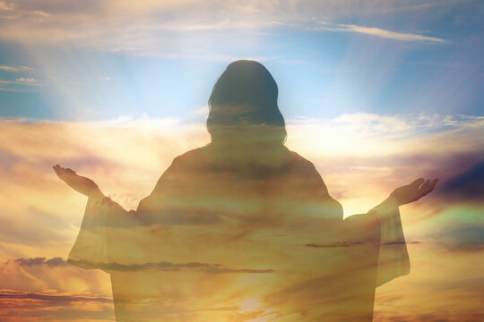 Silhouette of Jesus Christ and cloudy sky, double exposure