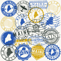 Maine, USA Set of Stamps. Travel Passport Stamps. Made In Product. Design Seals in Old Style Insignia. Icon Clip Art Vector Collection.