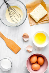 cooking pancake on white background top view ingredients for making