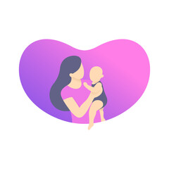 Mother holding a baby modern illustration in heart shape background in gradient