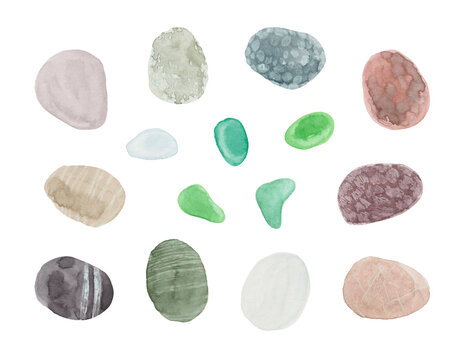 A Set Of Hand-painted Watercolor Green Polished Sea Glasses And Various Pebble Stones In Soft Colors Isolated On A White Background. Illustration Of Beach Underwater Objects. Design Clipart Elements