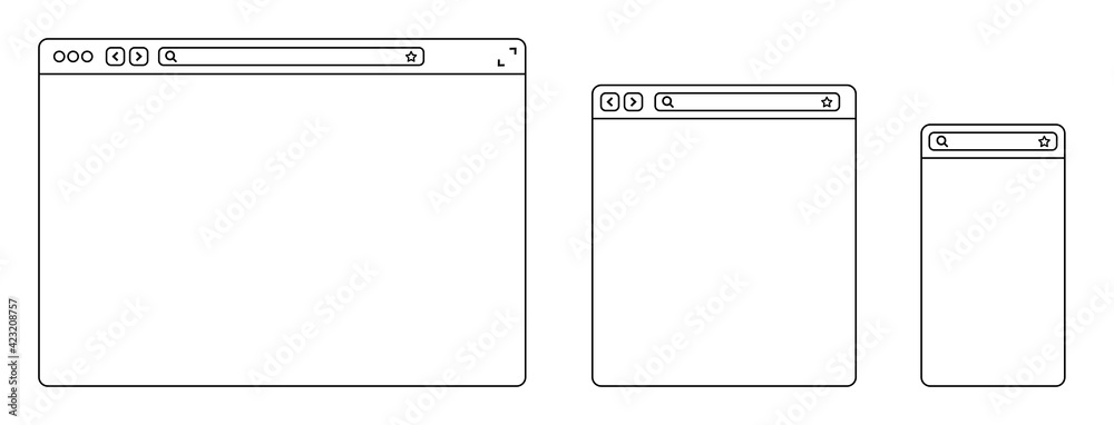 Poster line browser mockups different devices web window mobile, laptop and tablet screen in internet. outl