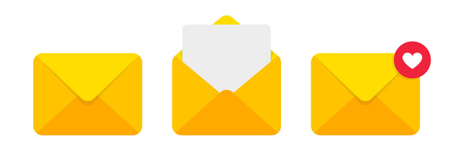 Mail envelope vector icon. Closed, open with a message email envelope. Set sms vector icons in flat style.
