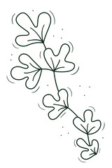 Bindweed or creeper branch with triple leaves. Contour doodle sketch dark green white. Isolated vector drawing on a white.