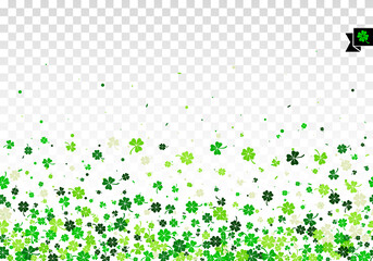 Seamless border background with four leaved green clover and shamrock for Saint Patrick's Day greeting isolated on white transparent background. Vector illustration