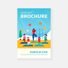 Smiling kids exercising in yoga class isolated flat vector illustration. Cartoon children doing exercises with instructor in gym. Healthy lifestyle and sport concept