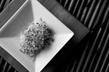 Alfalfa sprouts in a square white dish on bamboo
