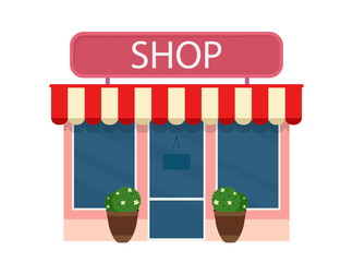 Shop building or town retail store. Exterior of store facade. Vector illustration flat cartoon style.
