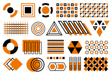 Black and orange memphis cpllection. Set of black and orange geometric flat  shapes, Memphis design elements.