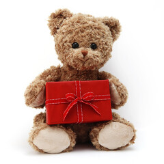 teddy bear with red gift box, present with ribbon bow, isolated on white background