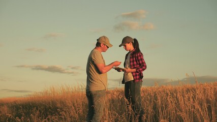 Business people shake hands on field in sun. The conclusion of the deal, agreed. Farmers man and woman with tablet work on wheat field. Business, teamwork. Handshake, joint work of farmers.