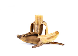 Two overripe bananas that are overripe, almost rot and dry. Isolated on white background