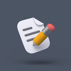 3d simple pencil with docunent icon on pastel background. Hight quality 3d illustration. Edit icon render.