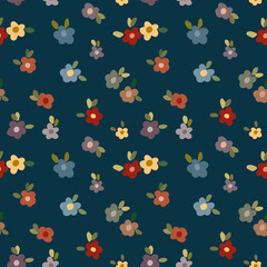 Seamless Pattern with Hand Drawn Flower Art Design on Dark Blue Background