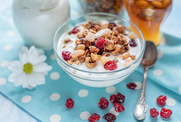 Healthy breakfast. natural yoghurt with granola and nuts.