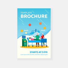 Surgeon and assistant operating on patient. Doctors in masks with surgical tools standing near sleeping man in operating room. Vector illustration for medicine, surgery, job concept