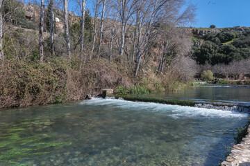 View of Nahal [stream] Hermon (Banias) at its origin spring, the easternmost of the northern tributaries of the Jordan River, Golan Heights, Israel. 