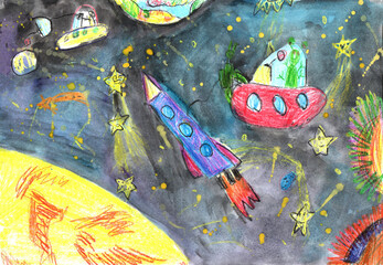 Watercolor children drawing space planet rocket