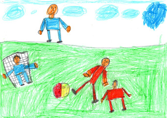 Child drawing of a happy Sports Family Playing Soccer.Active healthy lifestyle.Pencil art in childish style.