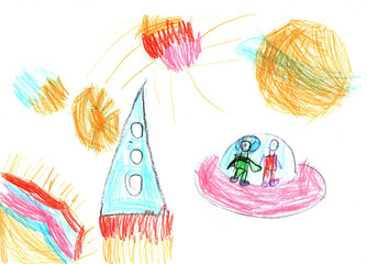 Watercolor children drawing space planet rocket