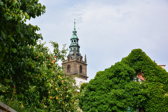 St. Stephen's Cathedral Steeple in Litoměřice Leitmeritz in the Czech Republic and houses overgrown with ivy