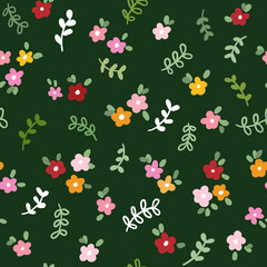Seamless Pattern with Hand Drawn Flower and Leaf Art Design on Dark Green Background
