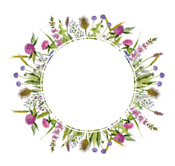 Delicate round frame in country or Provence style made of wild herbs and flowers. Clover flowers and leaves, dandelion leaves, spikelets, lavender flowers and forget-me-nots. Hand-painted watercolour.