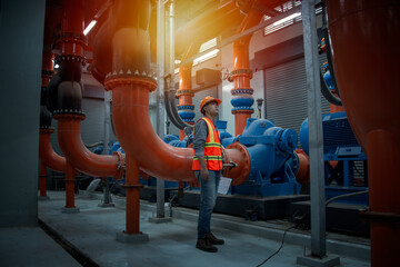 male worker checking valve on water pump in plant room background.