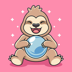 Cute Sloth with Magic Ball Cartoon. Animal Vector Icon Illustration, Isolated on Premium Vector.