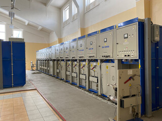 Cells in a distribution substation. The inscriptions in Russian mean the name of the equipment