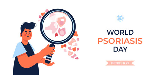 World Psoriasis Day or Awareness Month. 29 october. Plaques of psoriasis seen through a magnifying glass. Man with eczema dermatitis skin disease holding big magnifier. Isolated.