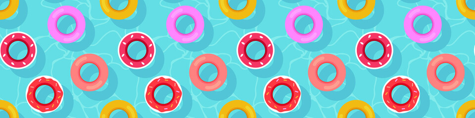 Swim life ring, floating buoy in wavy water swimming pool pattern, kid pool toys watermelon, donut, background, print design