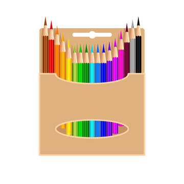 Colored pencils in cardboard box, isolated on white background. Colorful pencils are poked out of package. Art supplies, stationery for school, office, home. Cute vector illustration in cartoon style	